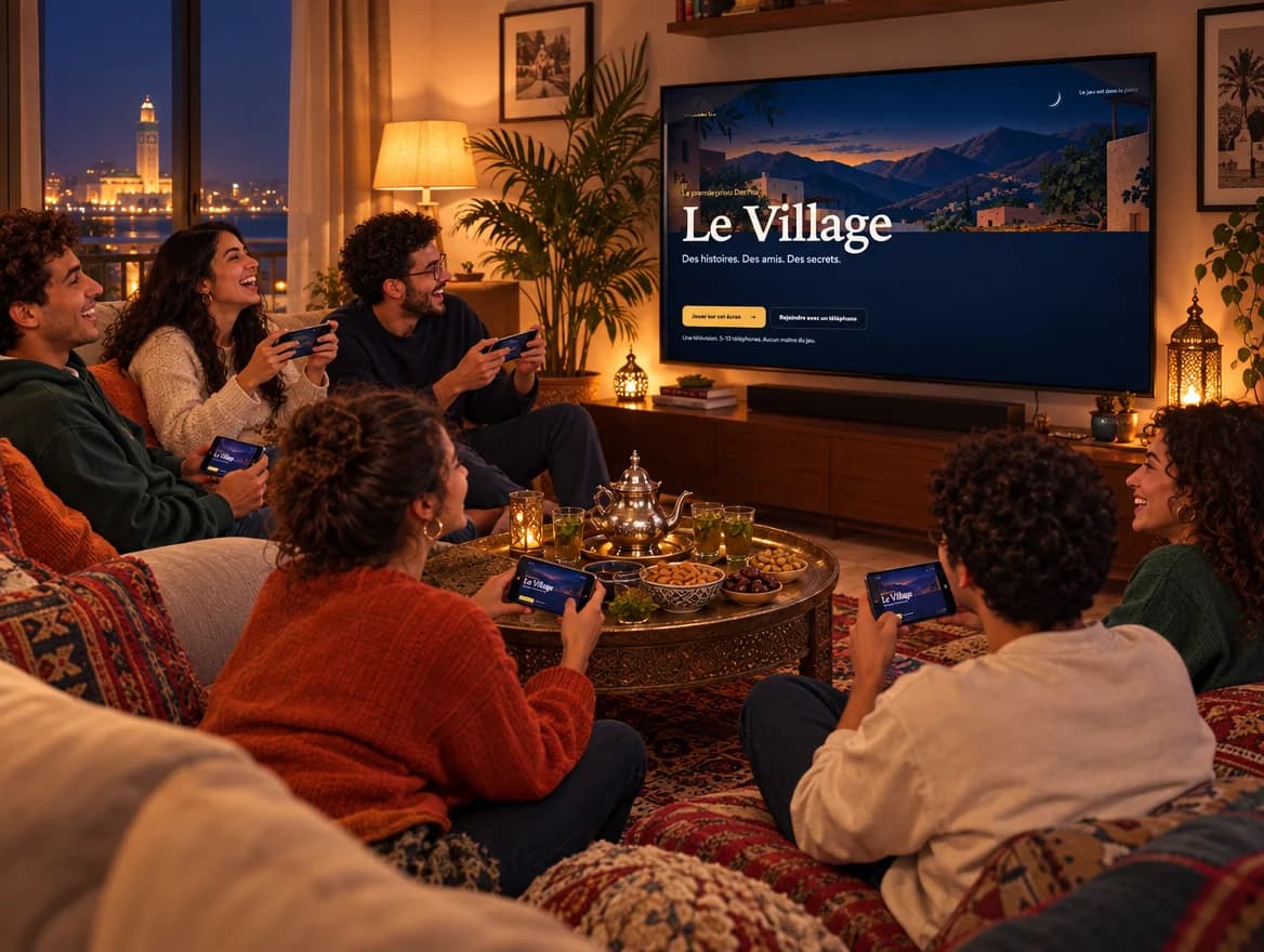 أصدقاء يلعبون DarPlay في الصالون واللعبة على التلفاز (صورة تقديمية).