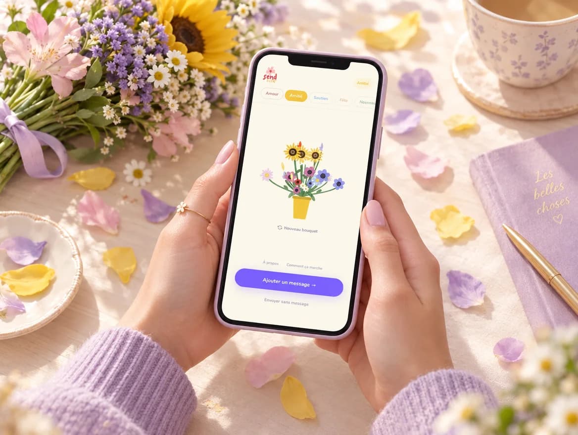 يدان تحملان هاتفا عليه SendPetal وسط بتلات الورد (صورة تقديمية).