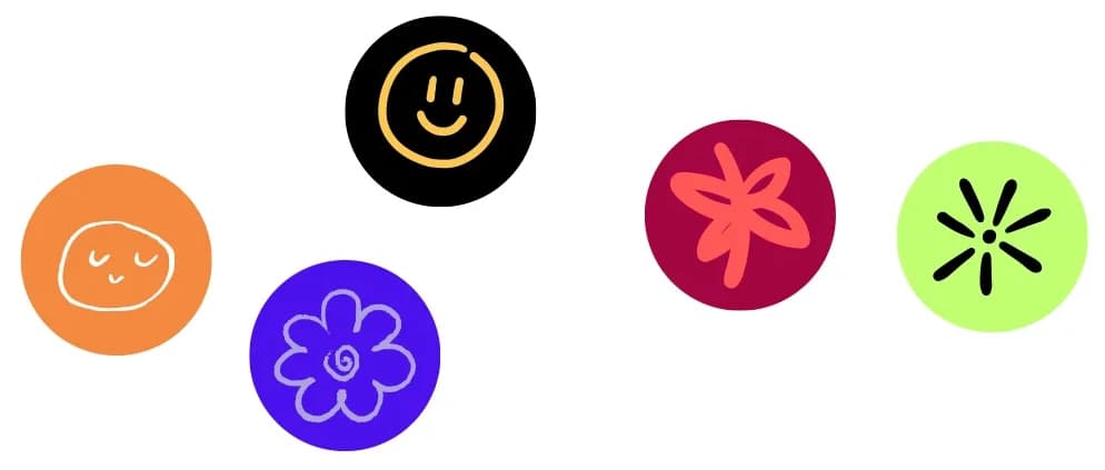 Icônes rondes de la marque : visages, fleur, étoile, soleil.