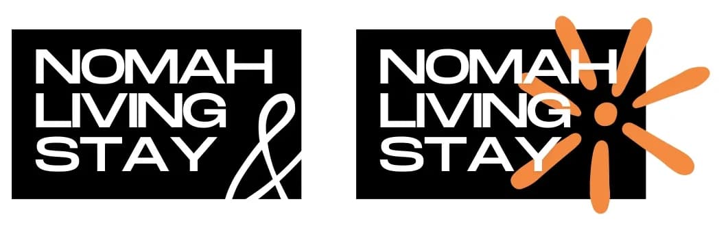 Logos Nomah Living Stay en blocs noirs, avec l'esperluette et le soleil orange.