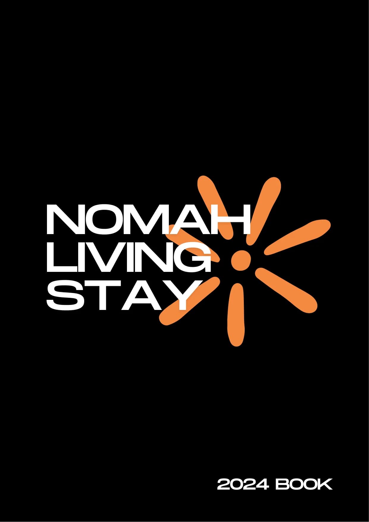 Couverture du book de marque Nomah Living Stay 2024, logo blanc et soleil orange sur fond noir.