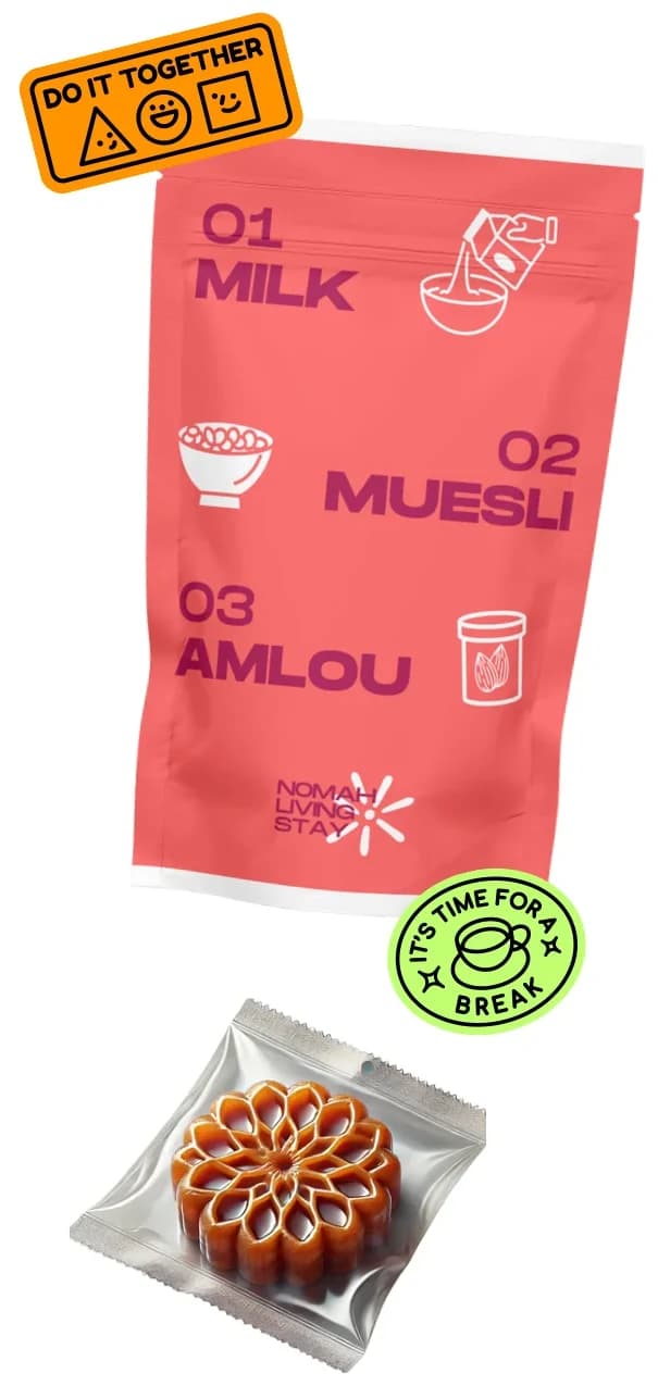 Sachet de muesli marocain (milk, muesli, amlou) et chebakia emballée.